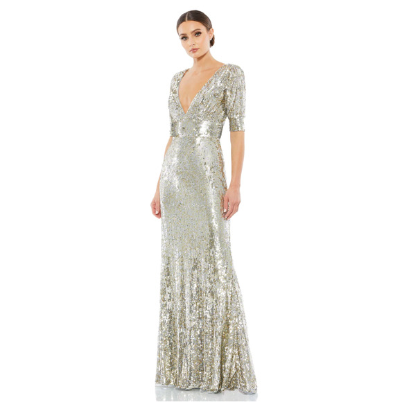 Mac Duggal 4707 Platinum Silver Sequined V-Neck Short Sleeve Evening Gown 14 - Picture 1 of 8